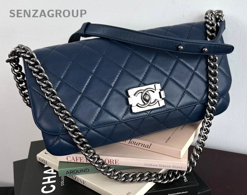 CHANEL Leboy Calfskin Chain Shoulder bag Crossbody Women Blue Silver
