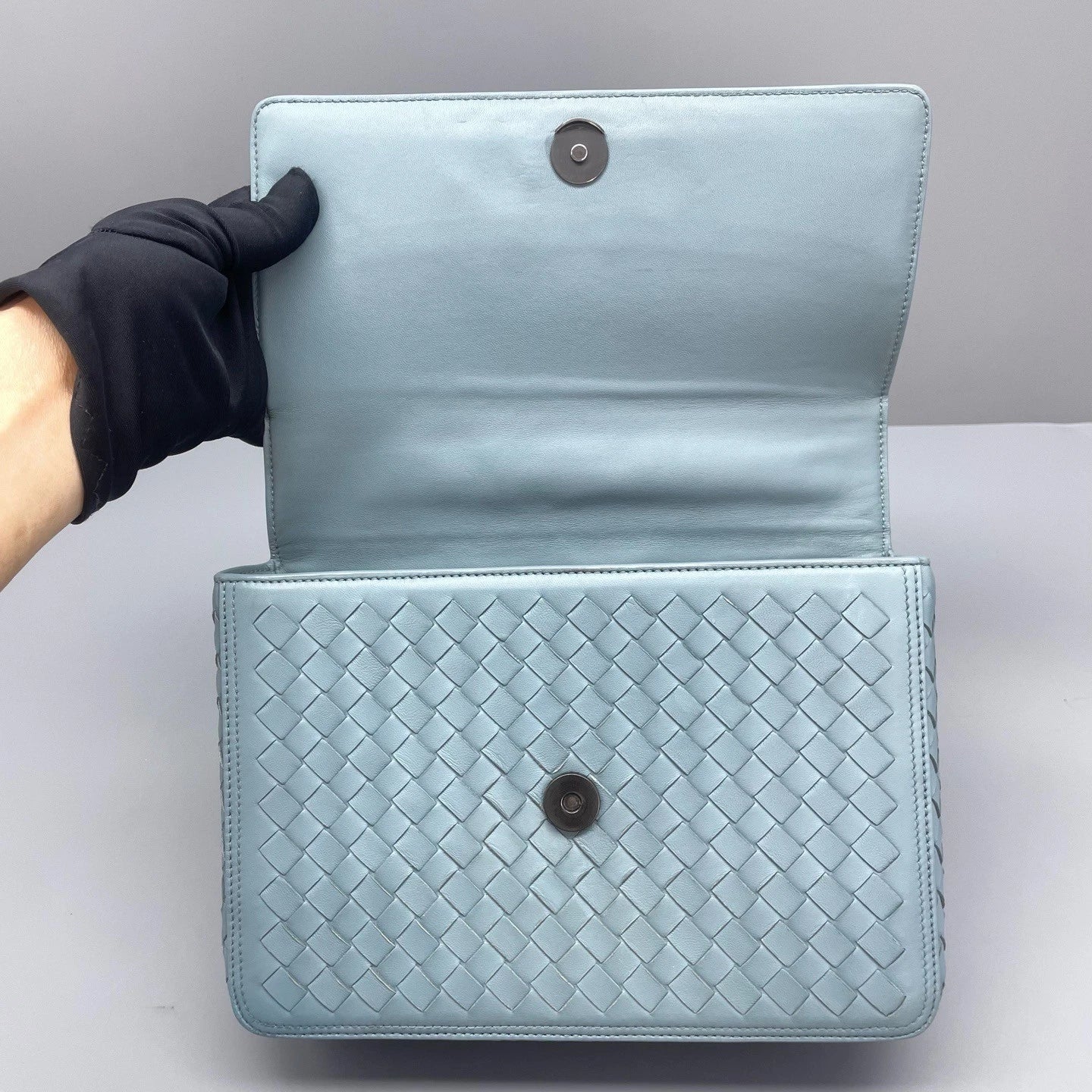 Bottega Veneta Valumna Intrecciato Top Handle Crossbody Blue Silver Women