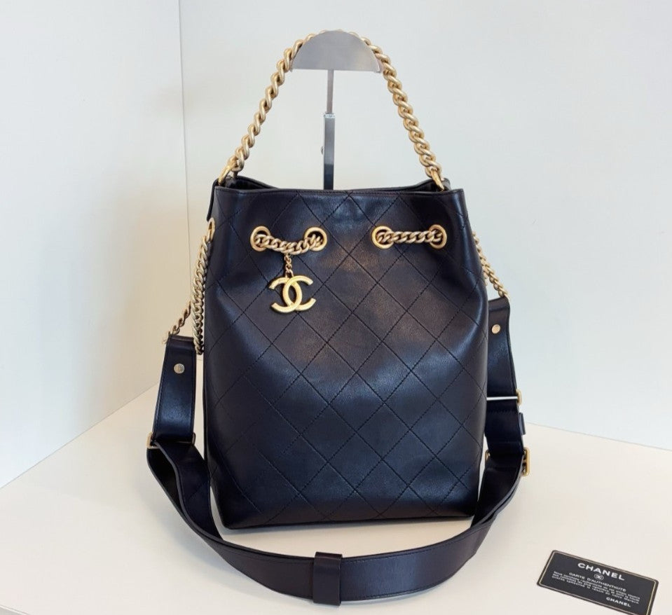 Chanel Calfskin Hobo Bag Chain Top Handle Shoulder Bag Black Gold Women Classic