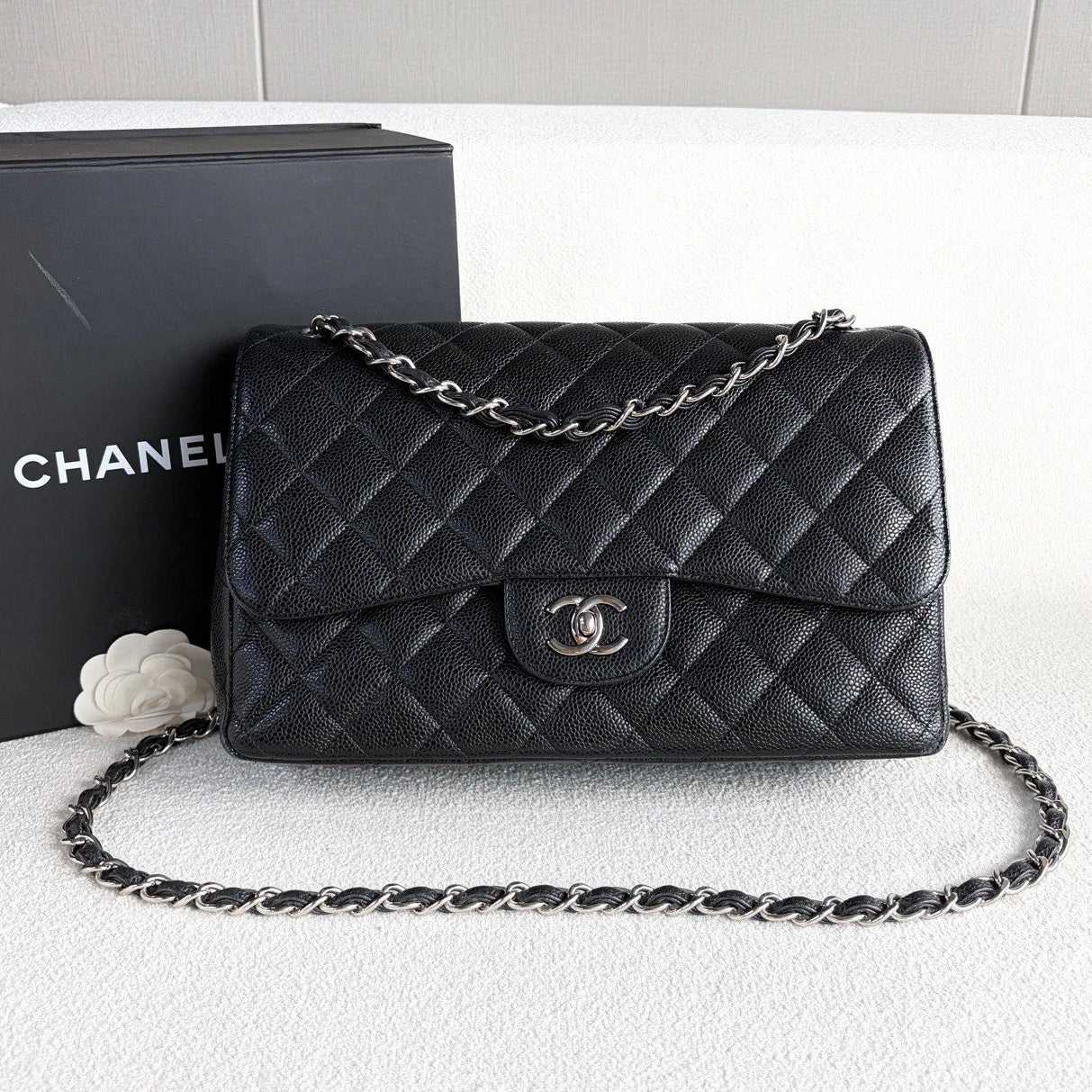 Chanel Classic Flap Jumbo Chain Shoulder Bag Crossbody Black Silver Women
