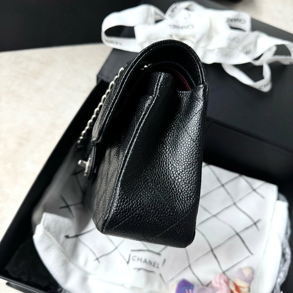 New CHANEL Classic Flap Small Black Calfskin Silver Hardware Bag For Women