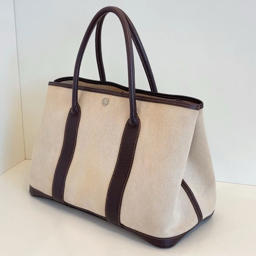 Hermes Garden Party 36 Canvas Tote Top Handle Bag Beige Black Women Classic