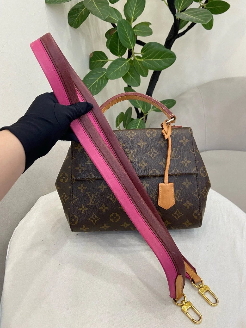 Louis Vuitton Cluny BB Monogram Top Handle Bag Crossbody Brown Gold Women
