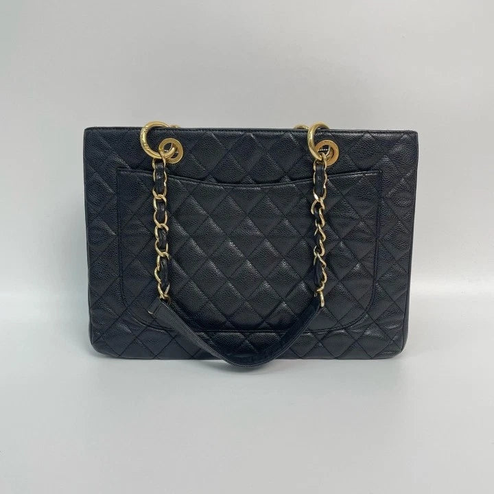 CHANEL GST Medium Black Gold Leather Tote Bag For Women