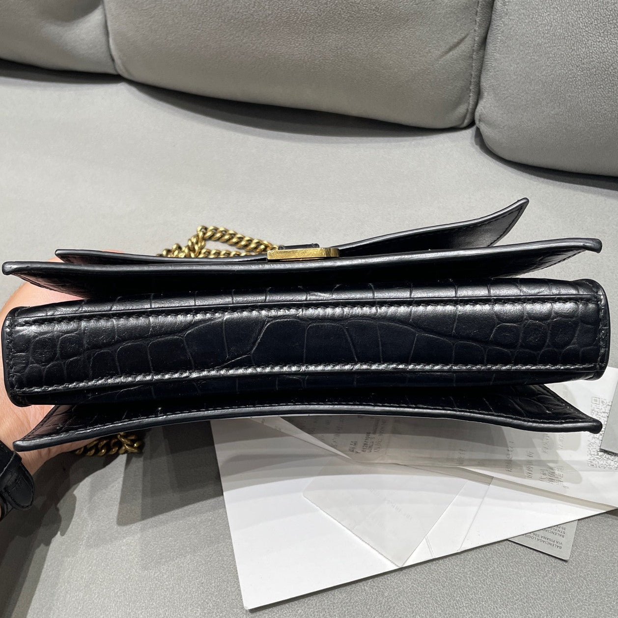 Balenciaga Black Gold Croc Embossed Crush Small Chain Crossbody Bag