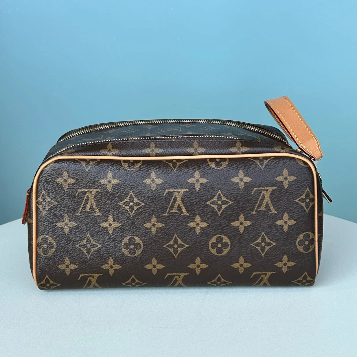 Louis Vuitton Dopp Kit Monogram Clutch Brown Gold Women Classic