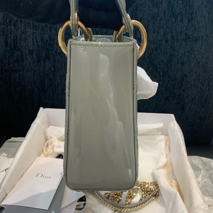 Christian Dior Lady Dior Patent Chain Crossbody Top Handle Bag Gray Gold Women D