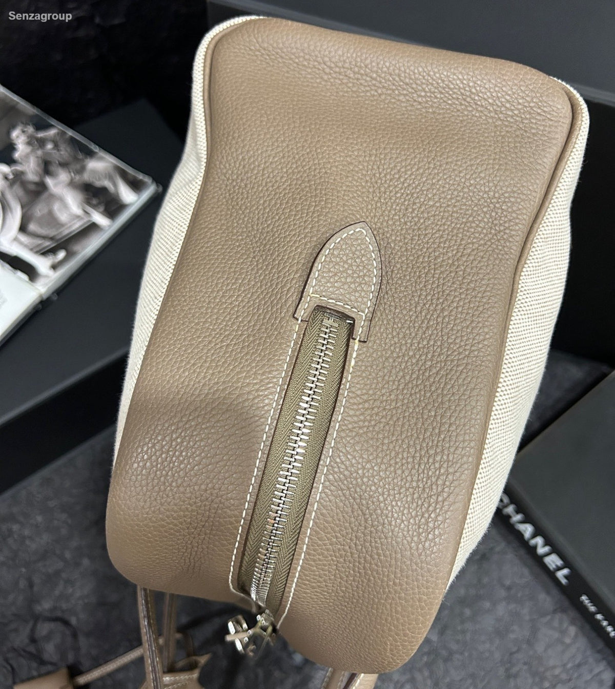 Hermes Victoria35 Top Handle Bag Canvas Beige Brown Silver Used Women Classic