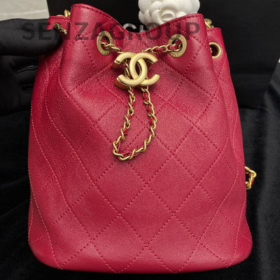 Chanel Red Drawstring Bucket Bag with Gold Chain Strap - Women's Fashion