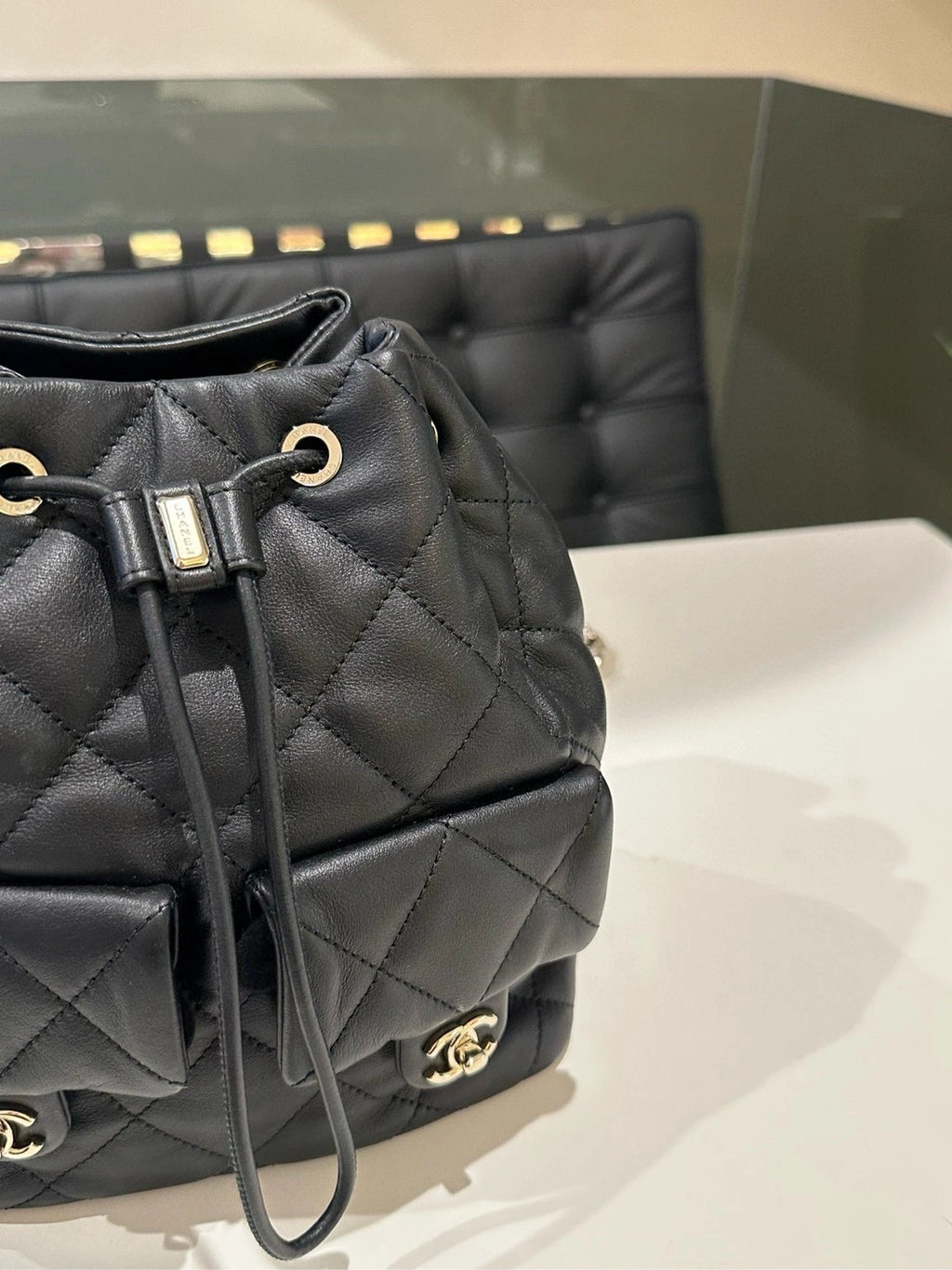 Chanel Quilted Chain Backpack Black Gold Classic Women's Bag