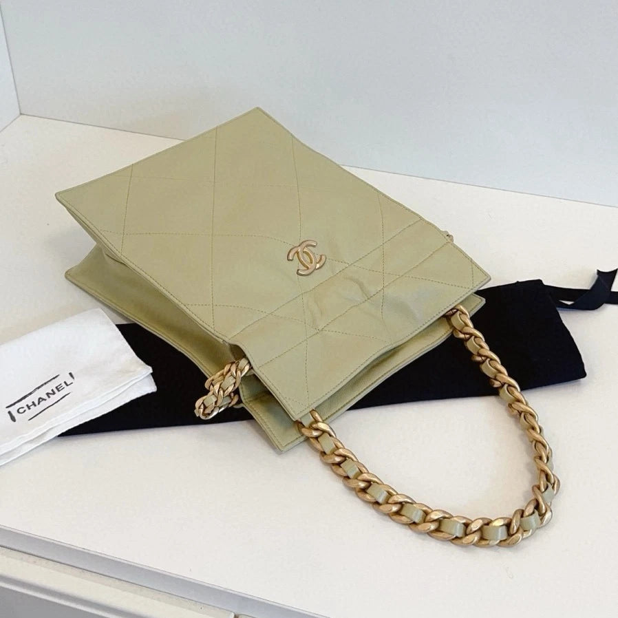Chanel Tote PM Chain Top Handle Bag Green Gold Diamond Women Classic