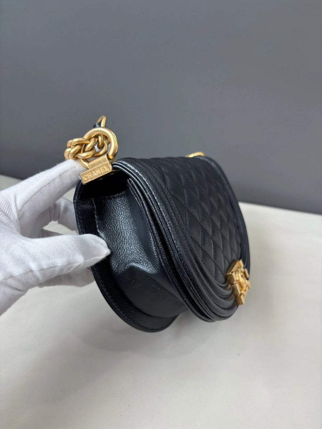 Chanel Le Boy Crossbody Shoulder Bag Black Gold Women Classic