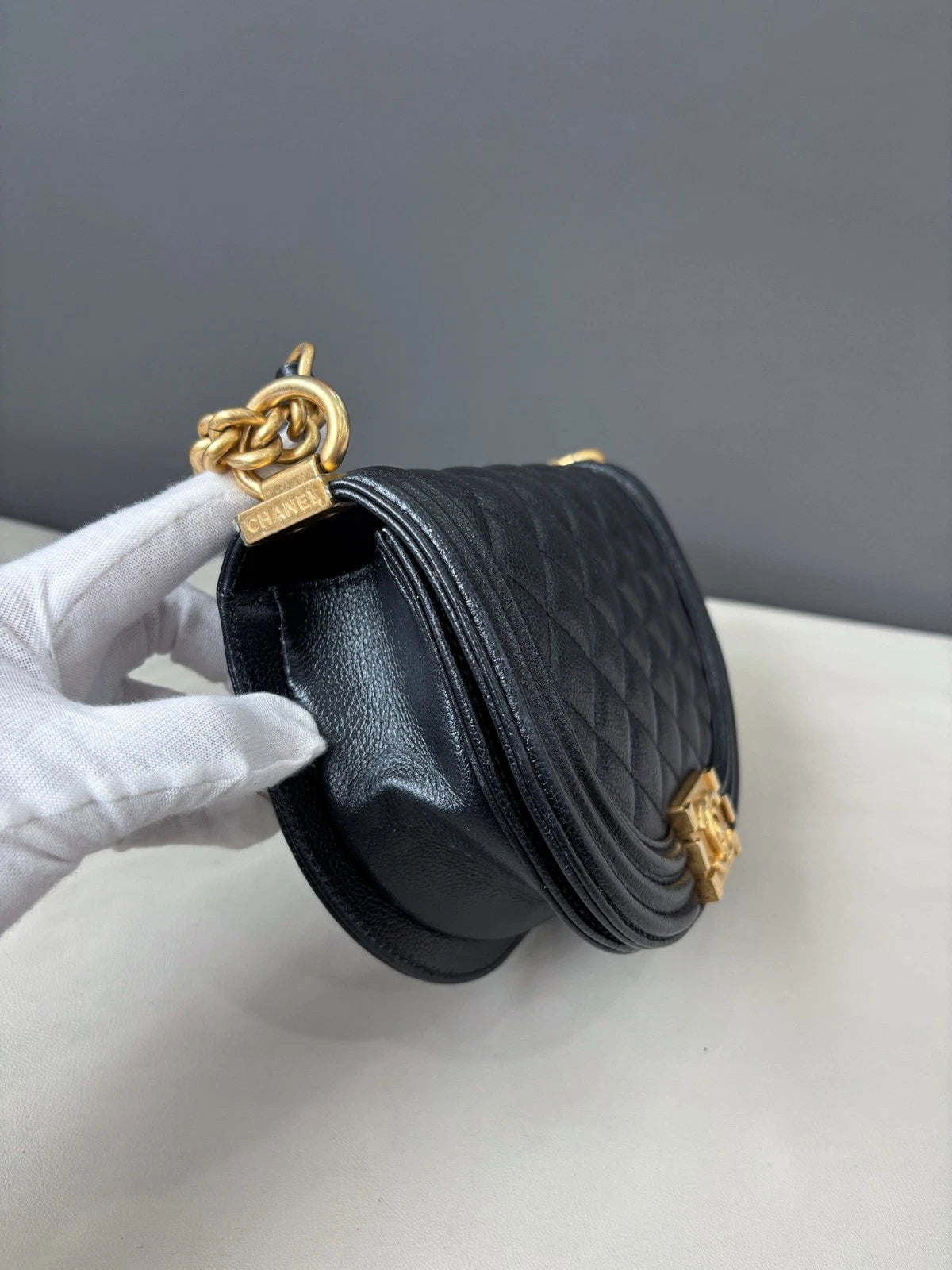 Chanel Le Boy Crossbody Shoulder Bag Black Gold Women Classic