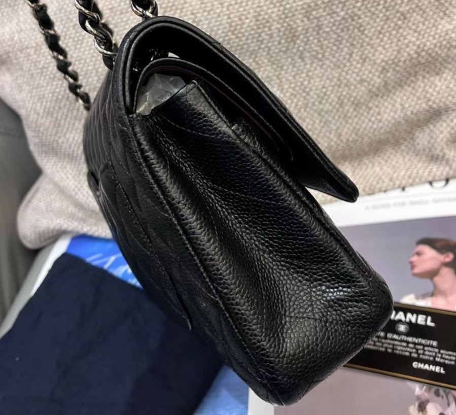 Chanel Classic Flap MM Calfskin Chain Shoulder Bag Crossbody Black Silver Women