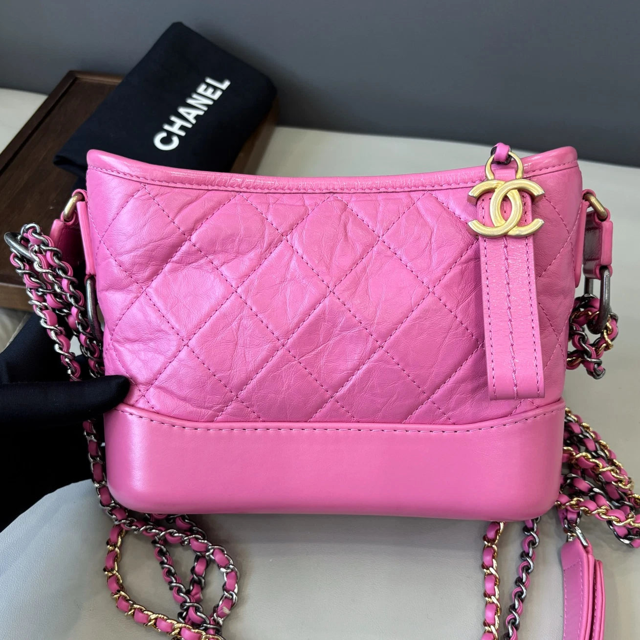 Excellent Chanel Gabrielle PM Gold Chain Shoulder Bag Crossbody Diamond Dust Bag