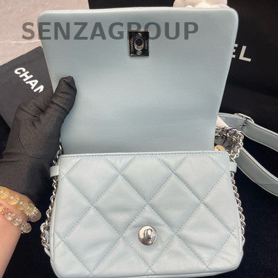 Chanel 22P Waterfall Chain Tofu Bag Blue Silver Hardware Shoulder Crossbody