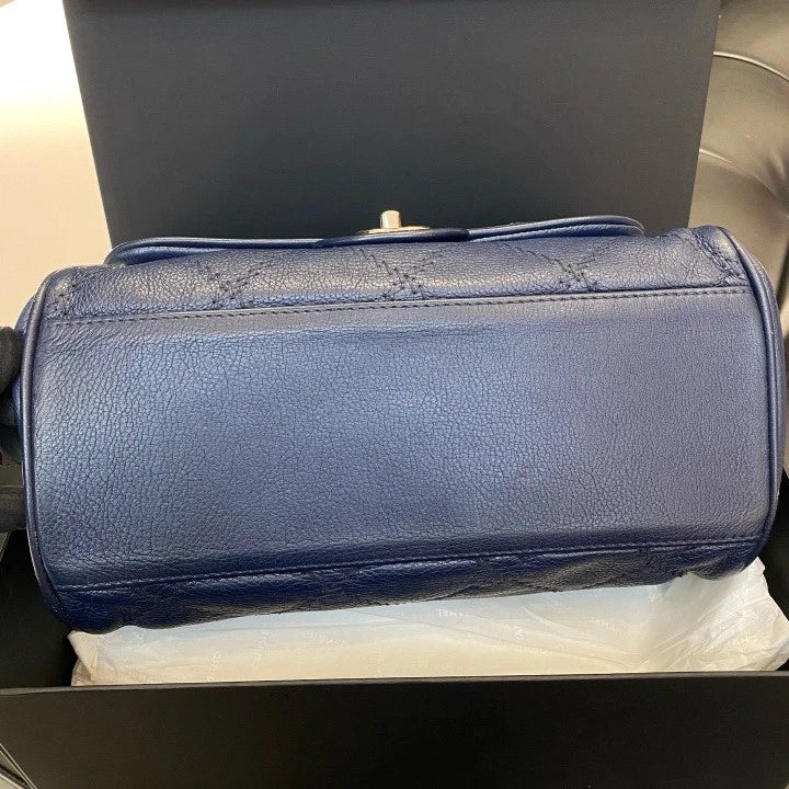 Chanel Classic Flap Hobo Calfskin Chain Shoulder Bag Navy Silver Women Diamond D