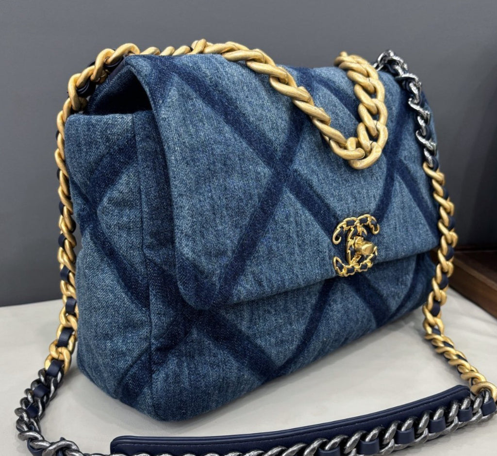 Chanel 19Bag MM Denim Chain Shoulder Bag Crossbody Blue Gold Women Classic