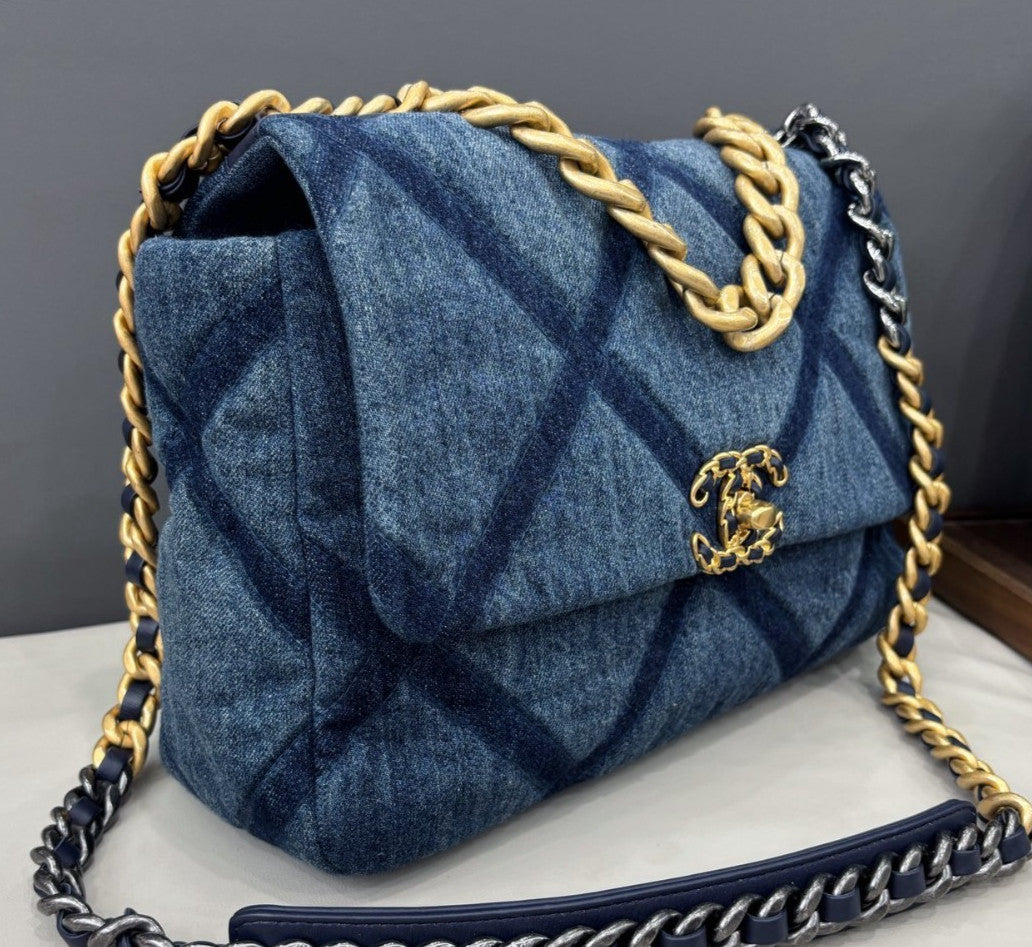 Chanel 19Bag MM Denim Chain Shoulder Bag Crossbody Blue Gold Women Classic