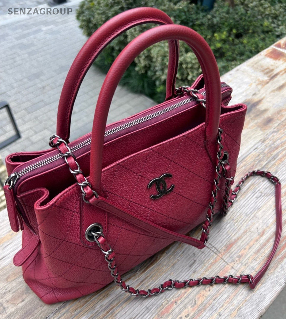 CHANEL Diamond pattern Top Handle 2way Shoulder Handbag Red Silver Women