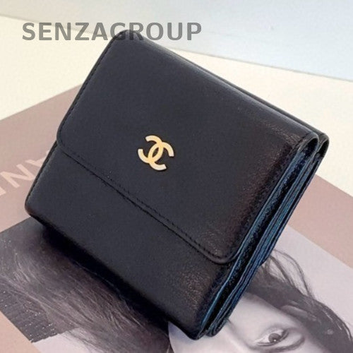 Chanel Short Wallet Clutch Black Gold Used Women Classic