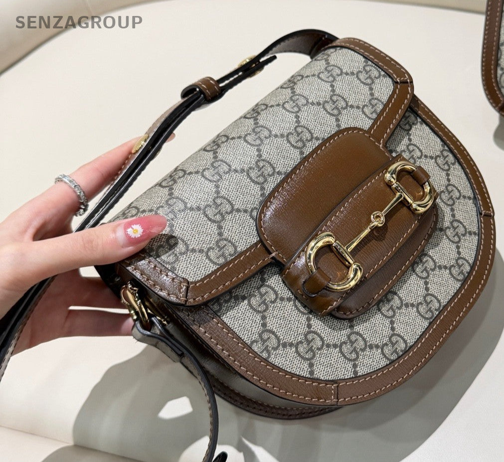 GUCCI 1955 Horsebit Saddle mini Monogram Shoulder bag Brown Gray Women Classic
