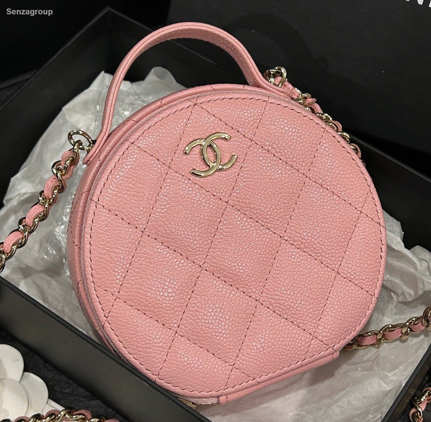 Chanel Diamond Calfskin Round Bag Chain Shoulder Bag Crossbody Pink Gold Women