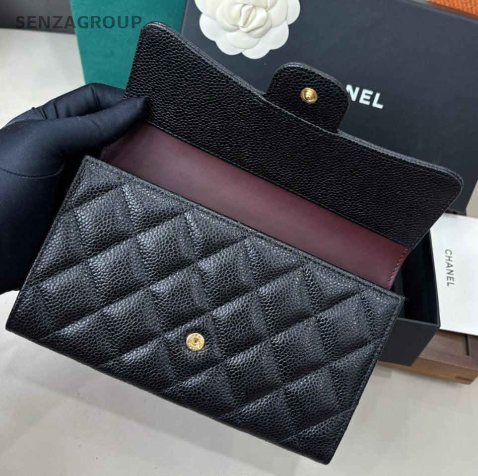 Chanel Classic Flap Long Wallet Clutch Diamond Women Black Gold Fashion