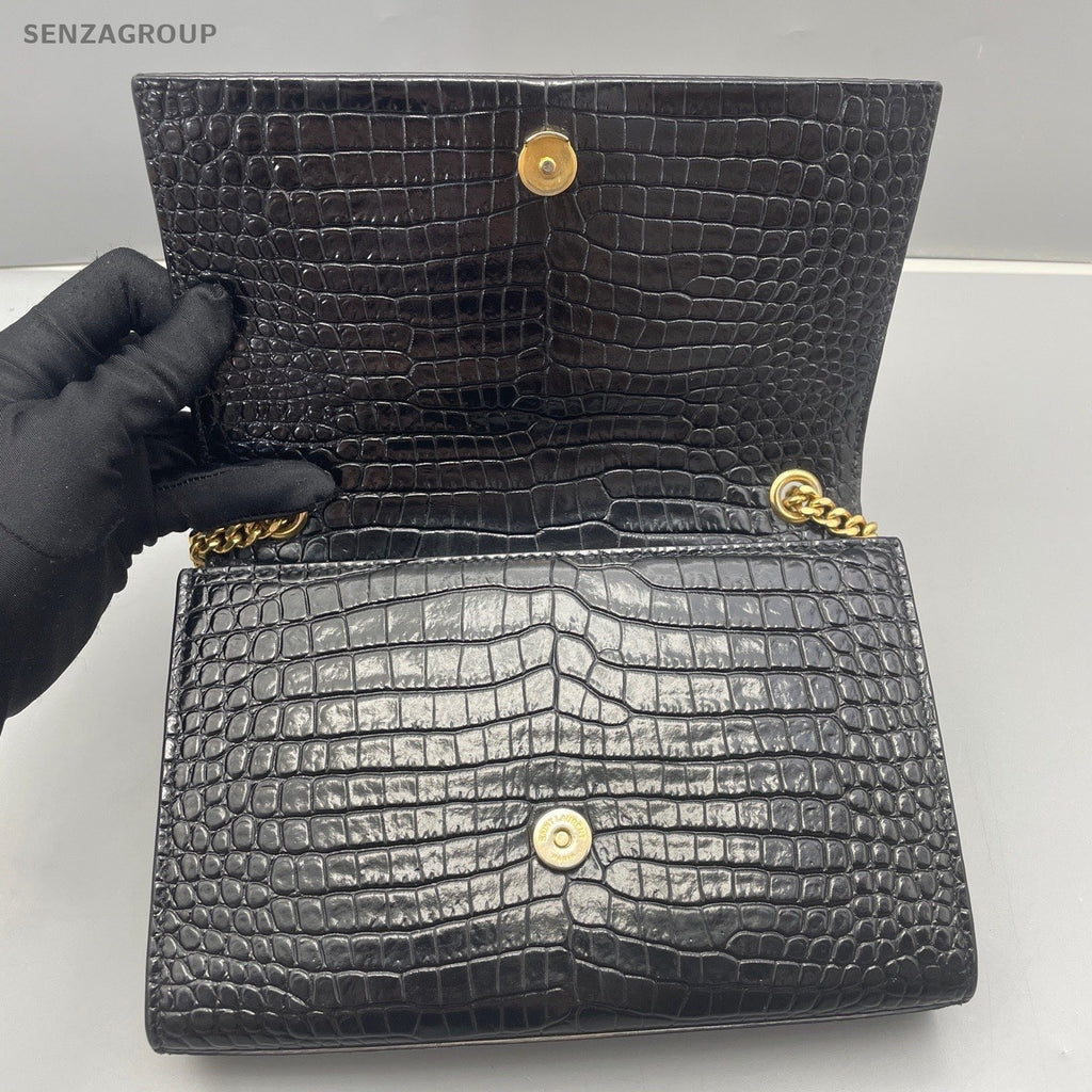 YSL Saint Laurent Kate PM Alligator pattern Chain Shoulder bag Black Gold Women