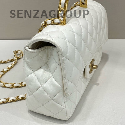 Chanel Classic Flap Woven Handle Quilted Chain Bag - Platinum