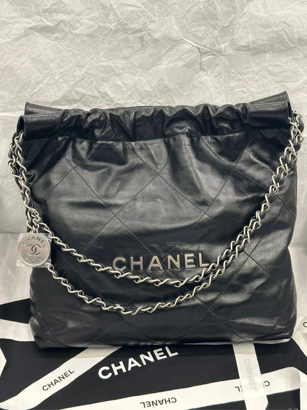 Authentic CHANEL 22Bag Small Black Silver Chain Tote Bag For Women