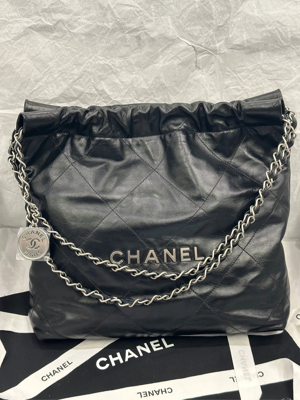 Authentic CHANEL 22Bag Small Black Silver Chain Tote Bag For Women