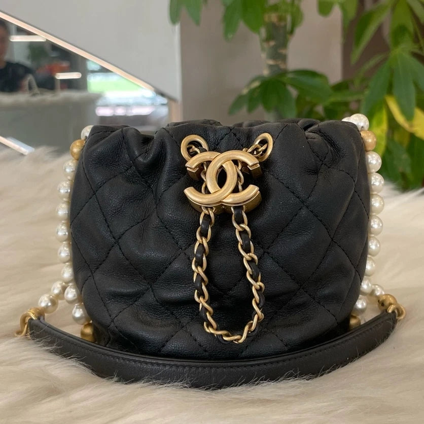 Chanel Mini Pearl Bucket Chain Crossbody Bag Black Gold Classic Women