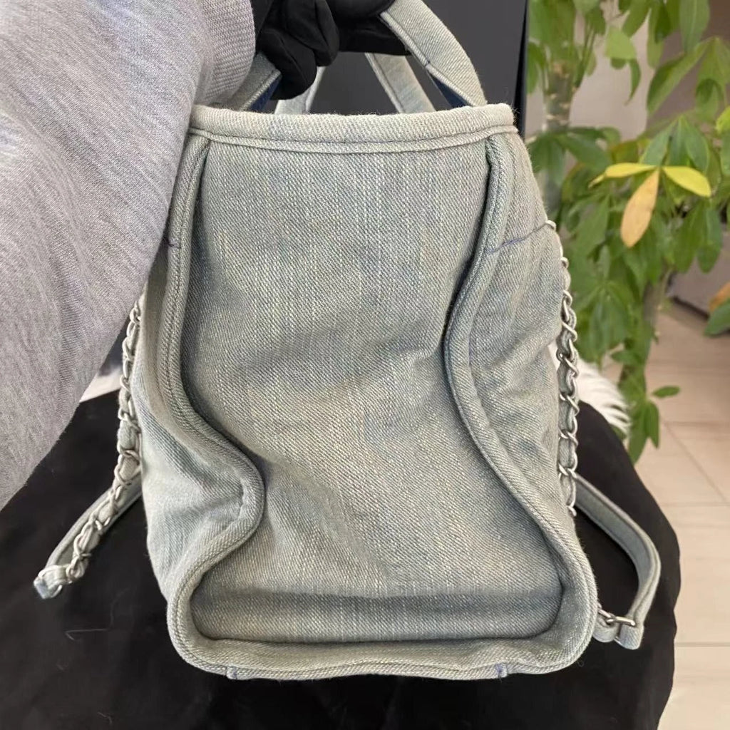 Chanel Denim Medium Chain Tote Shoulder Bag Blue Silver Classic Women