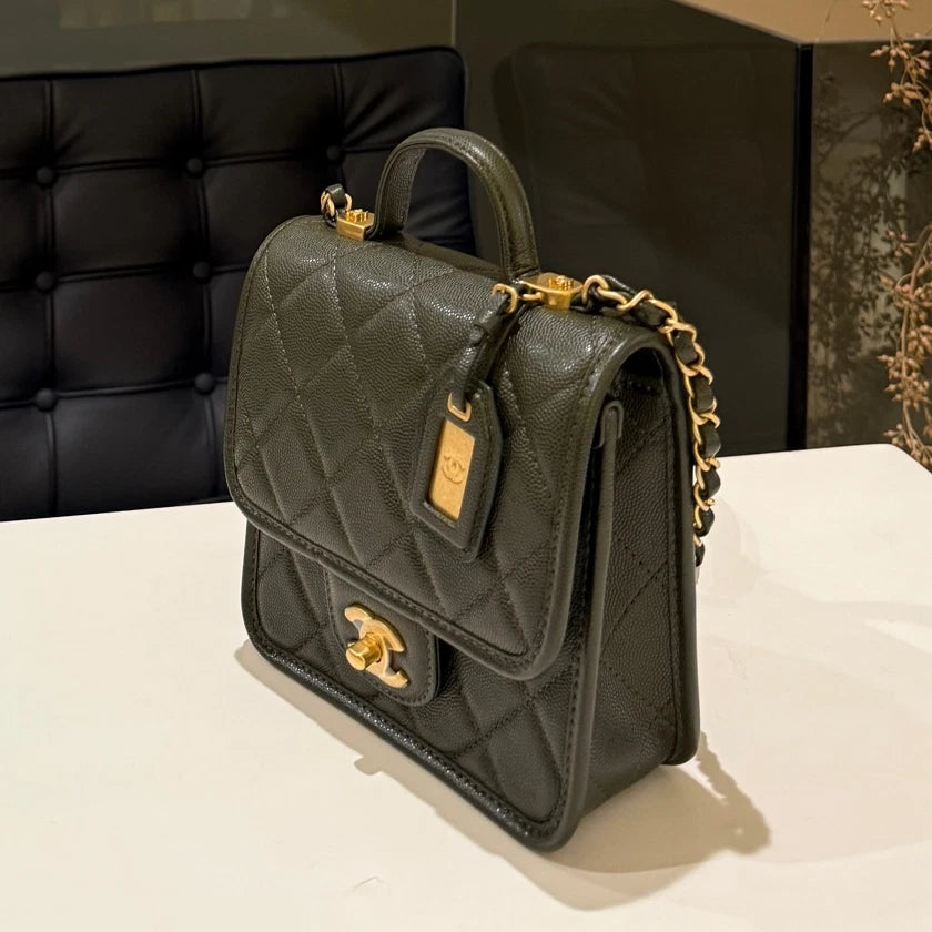 CHANEL Quilted Camera Bag Green Gold Chain Strap Classic Women's