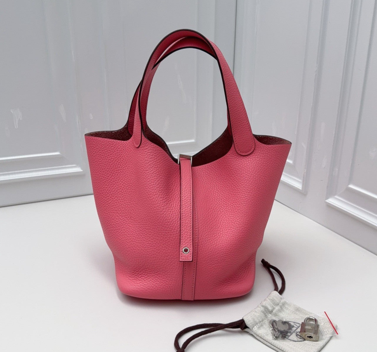 Hermes Picotin22 Top Handle Shoulder Bag Pink Silver Women Classic Fashion