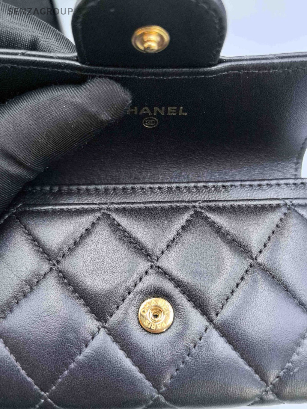 Chanel Diamond Calfskin Wallet Black Gold Used Women Classic Fashion