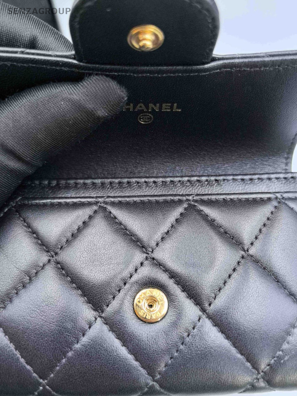 Chanel Diamond Calfskin Wallet Black Gold Used Women Classic Fashion
