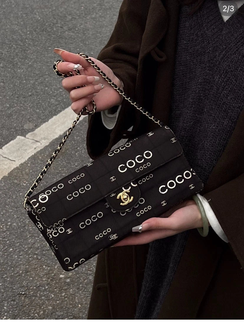 Chanel Coco Gold Chain Bag Canvas Turn Lock Shoulder Bag Women Fashion S