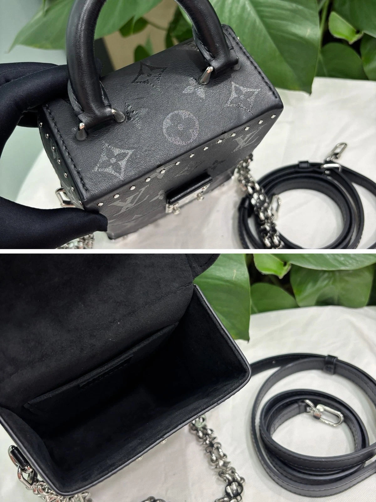 Louis Vuitton Camera Box Chain Shoulder Bag Crossbody Black Silver Women