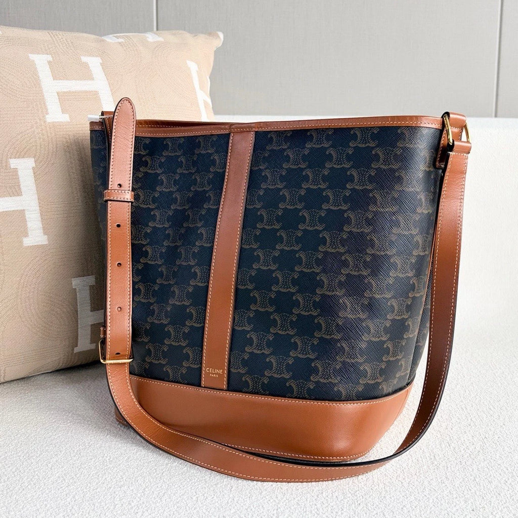 Celine Triomphe MM Bucket Shoulder Bag Black Brown Gold Women Classic