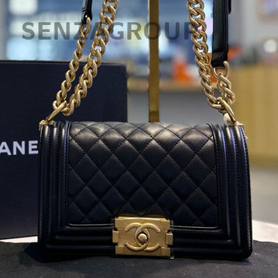 Chanel Le Boy Small Black Gold Quilted Calfskin Chain Shoulder Bag