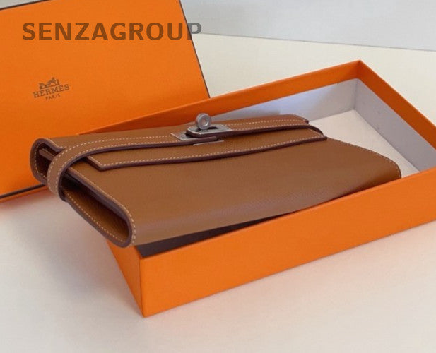 Hermes kelly Epsom Leather long Wallet Crossbody Brown Silver Women