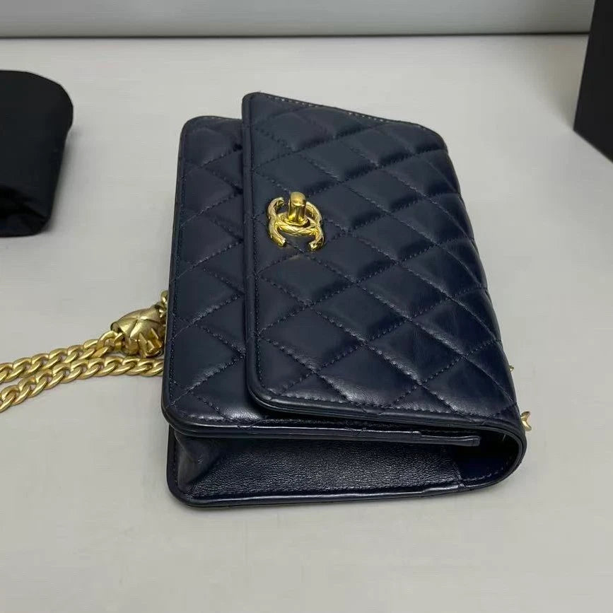 Chanel WOC Diamond Chain Shoulder Bag Crossbody Blue Gold Women Classic