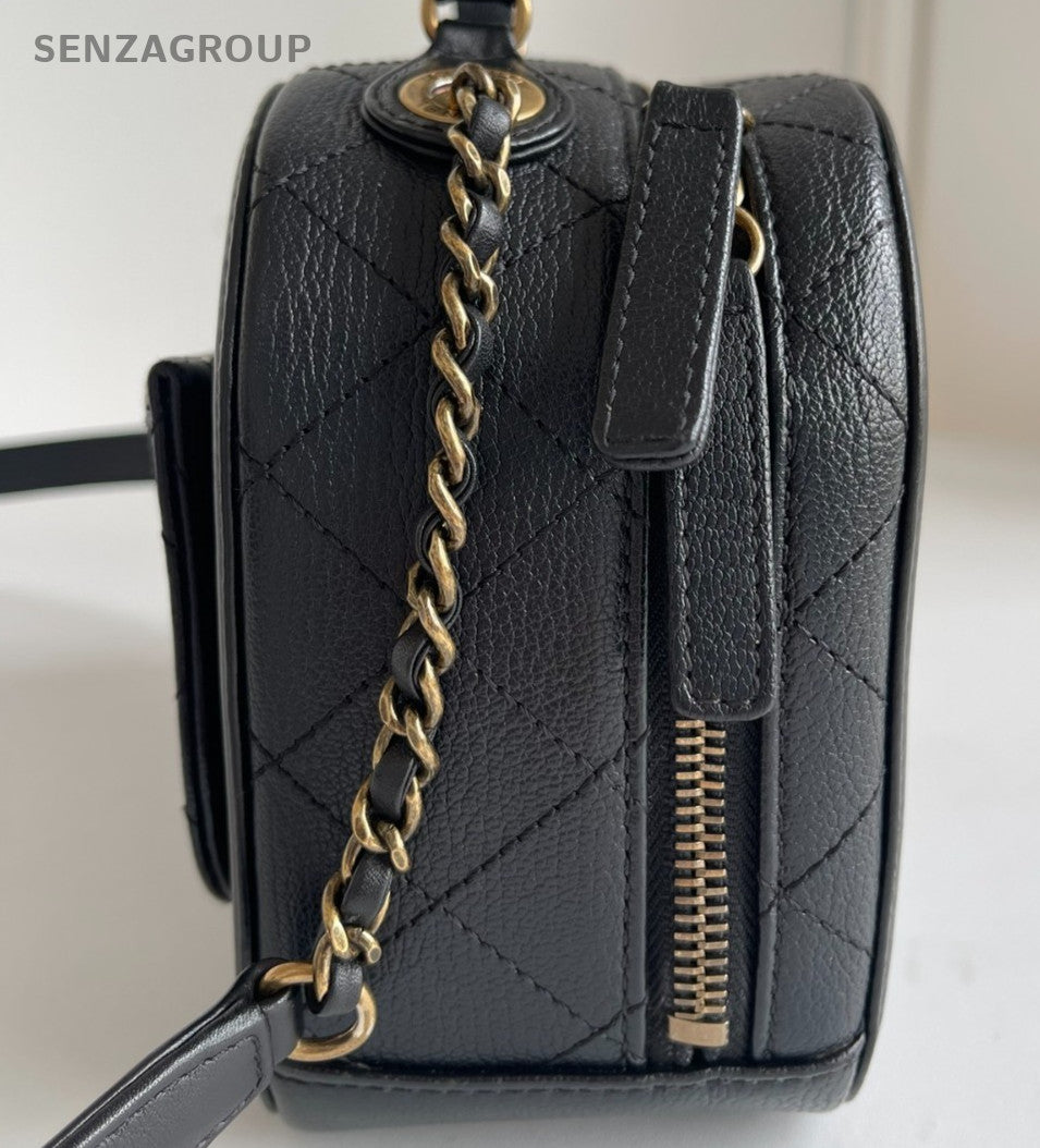 Chanel Calfskin Chain Top Handle Bag Crossbody Black Gold Women Classic