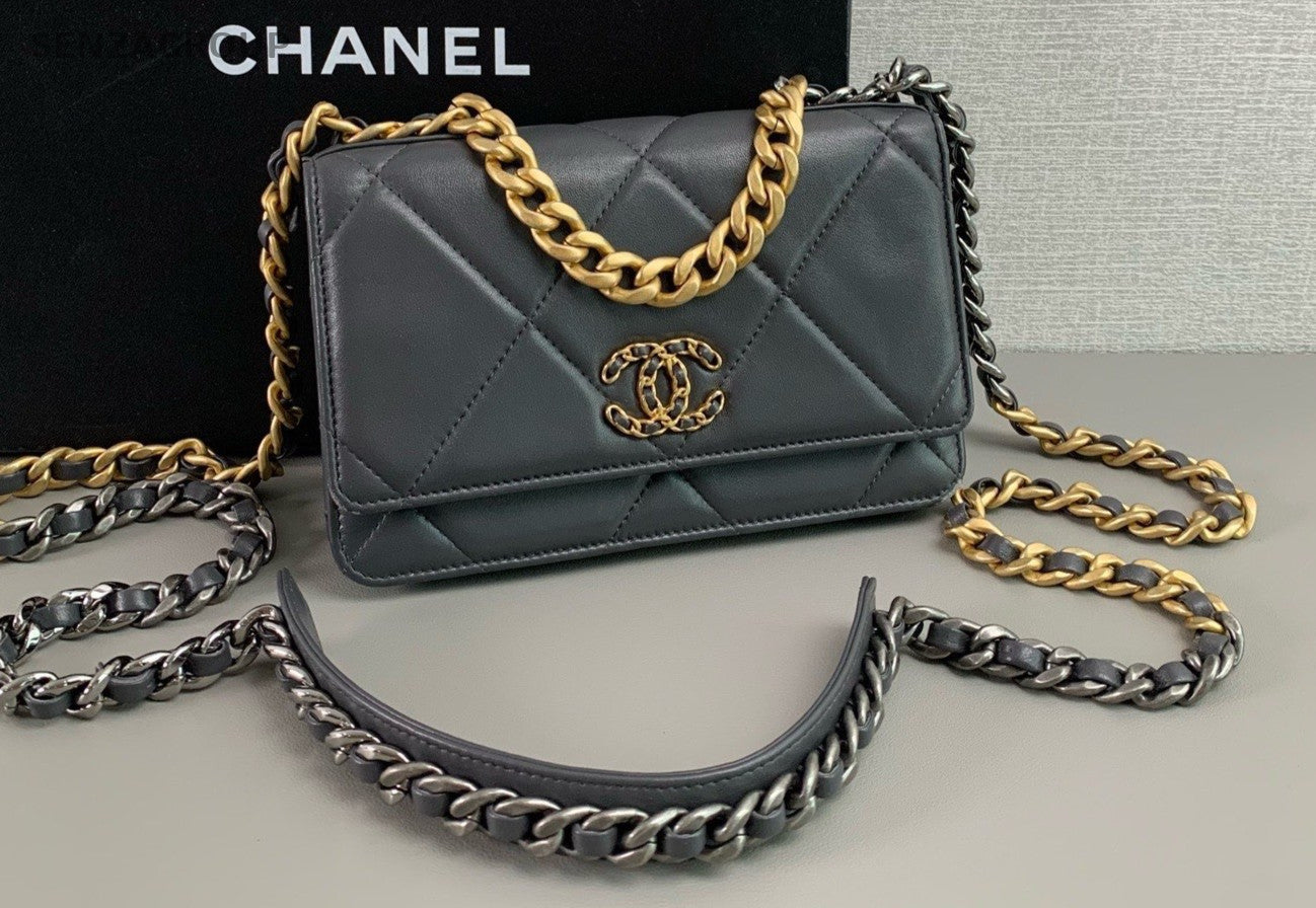 Chanel 19bag Woc Lambskin CC Chain Shoulder bag Dark Gray Gold Women Classic