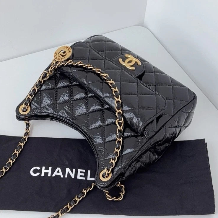 Chip Version Chanel Hobo MM Diamond Gold Chain Black Shoulder Bag Crossbody