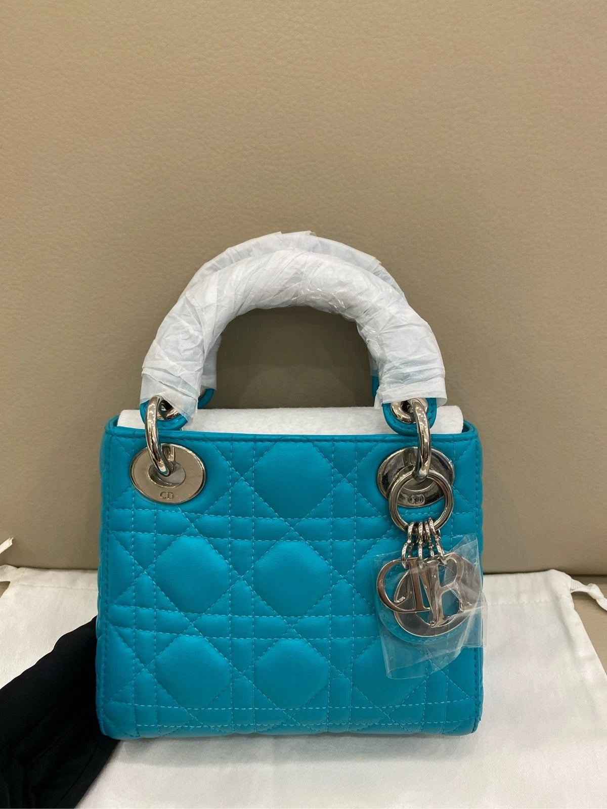 Dior Lady Dior Leather Blue Shoulder Bag Excellent