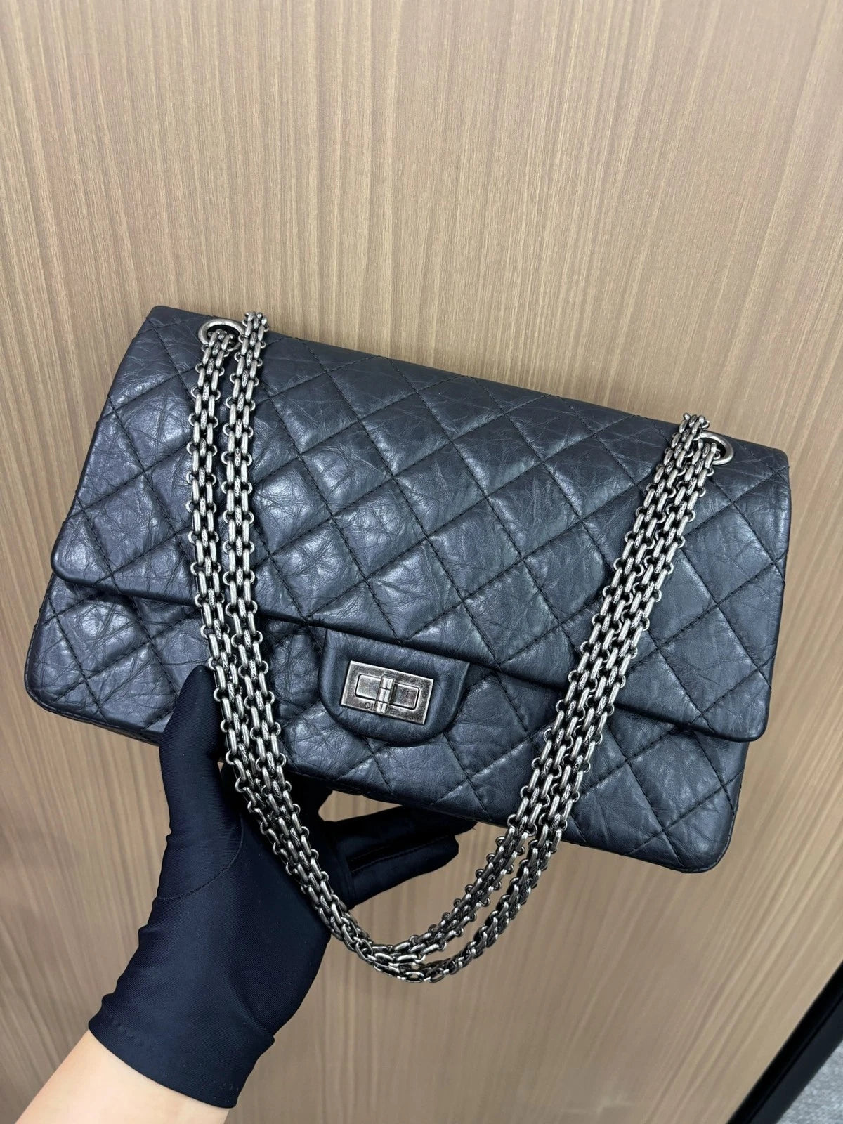 Chanel 2.55 MM Chain Shoulder Bag Crossbody Black Silver Women Classic