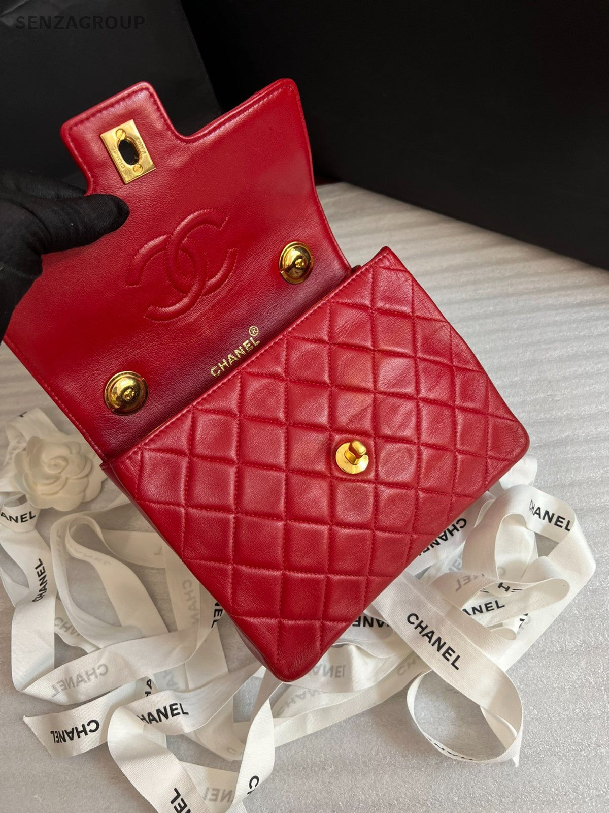 CHANEL Vintage Kelly Top Handle Diamond Pattern Handbag Red Gold Women Classic